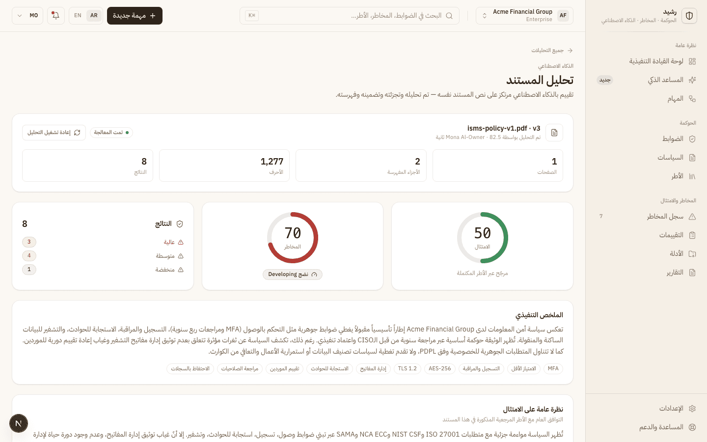 Rasheed document analysis showing compliance and risk scores, findings by severity, and an AI-generated executive summary with citations